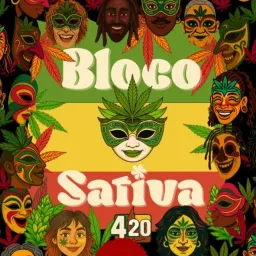 Bloco Sativa 420 — arte com participantes mascarados, folhagens e as cores verde, amarelo e vermelho